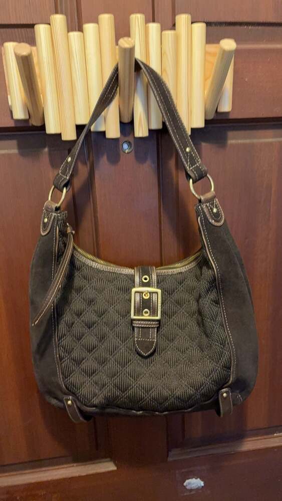 The Sak Brown Quilted and Suede Shoulder Bag with Buckle Accent